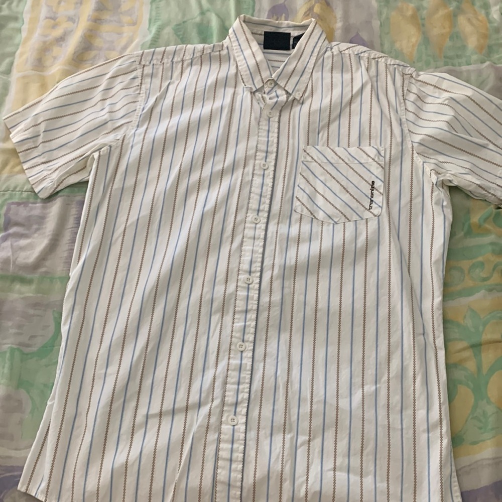 Transnine white button down with blue & brown pattern stripes, size m
